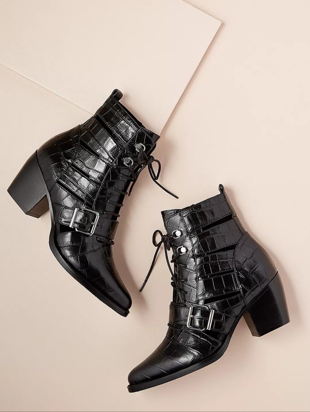 AllSaints Katy Crocodile Leather Boots Black US 8 Rocker Western Whimsigoth